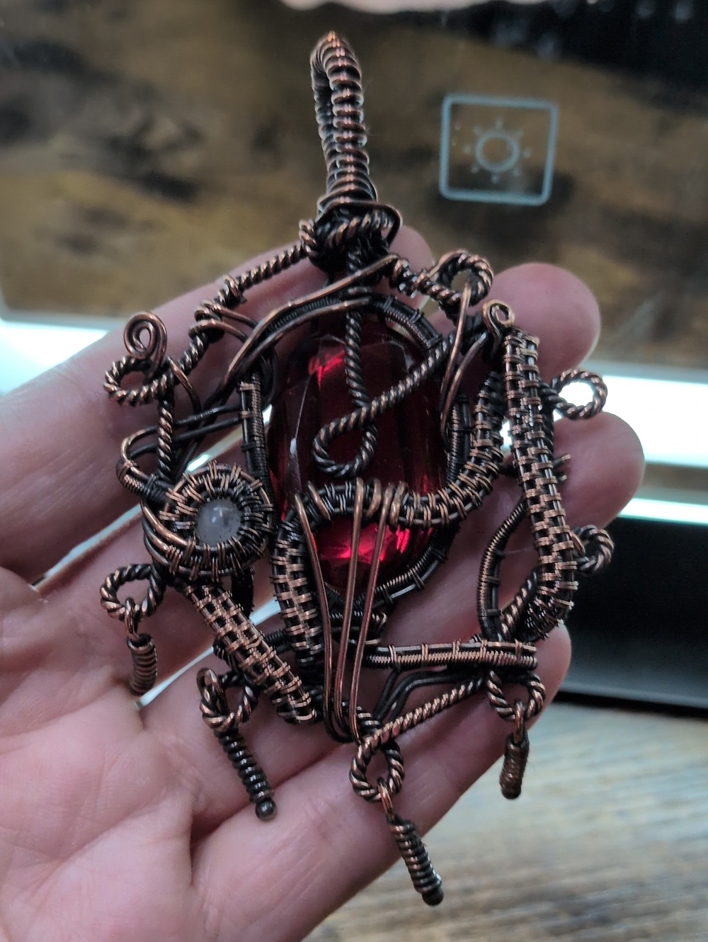 Handcrafted Copper Wire Wrap Necklace with Deep Red Flash Labradorite Stone